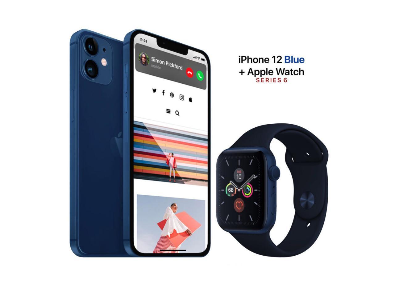 iPhone 12 Max/Apple Watch Series 6均以深蓝色显示,详细概念图