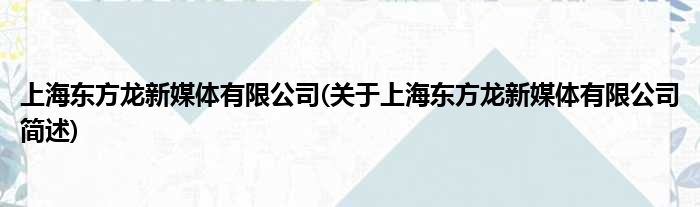 上海西方龙新媒体有限公司(对于上海西方龙新媒体有限公司简述)