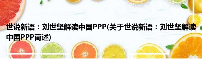 世说新语：刘世坚解读中国PPP(对于世说新语：刘世坚解读中国PPP简述)