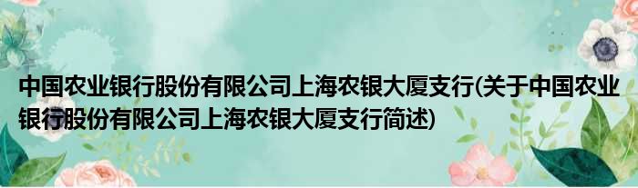 中国农业银行股份有限公司上海农银大厦支行(对于中国农业银行股份有限公司上海农银大厦支行简述)